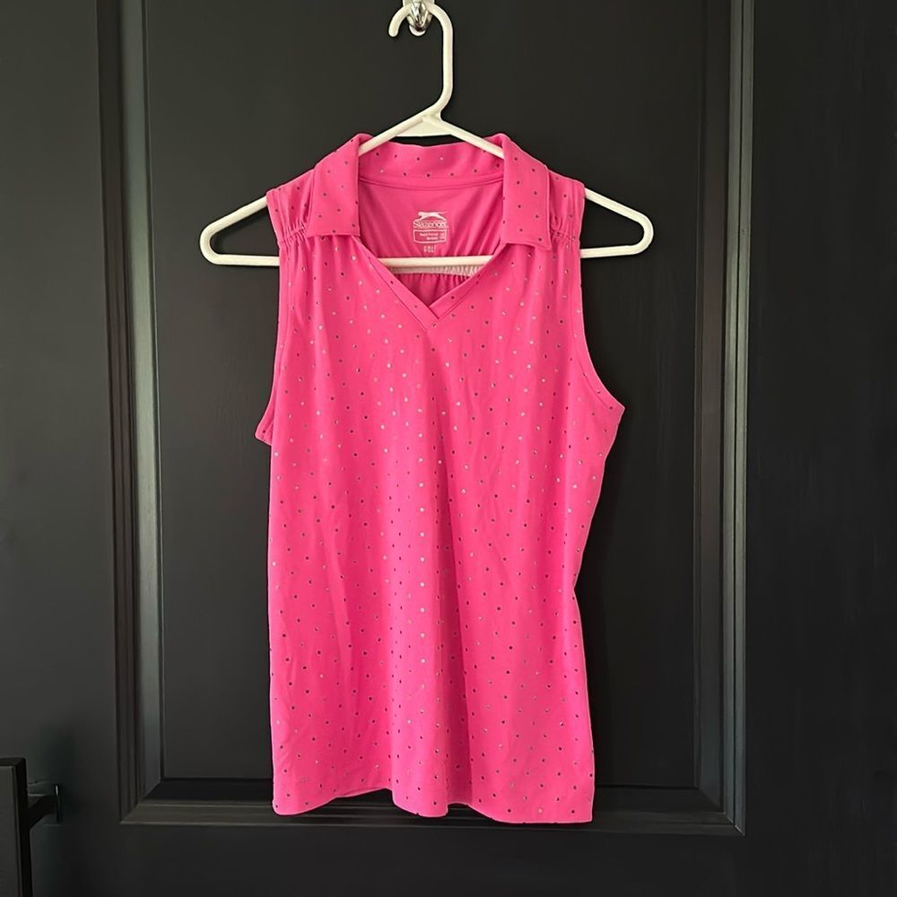 Slazenger Golf Sleeveless Polo Hot Pink Silver Polkadots XL